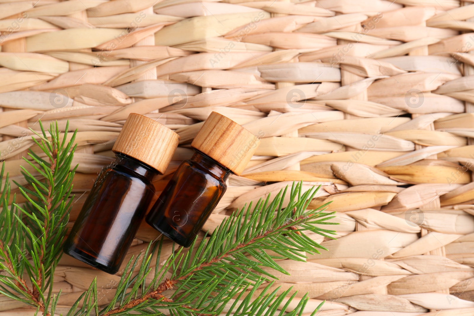 Photo of Bottles of pine essential oil and branches on wicker surface, flat lay. Space for text
