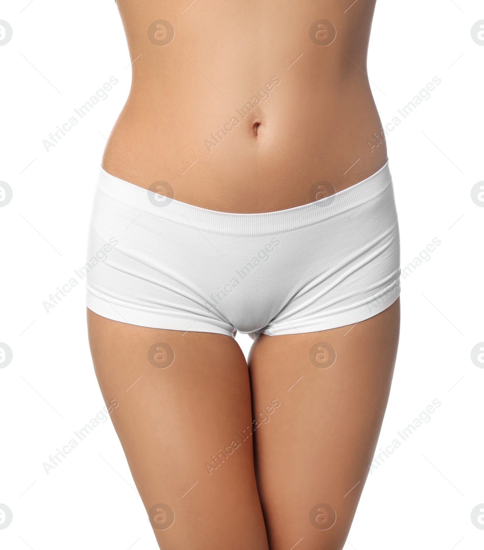 Photo of Young woman with slim body isolated on white, closeup. Plastic surgery concept