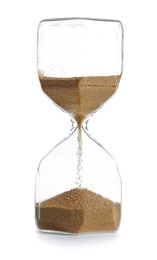 Photo of Hourglass with flowing sand on table against white background. Time management