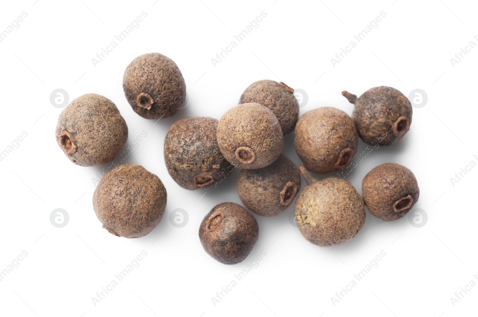 Photo of Dry allspice berries (Jamaica pepper) isolated on white, top view