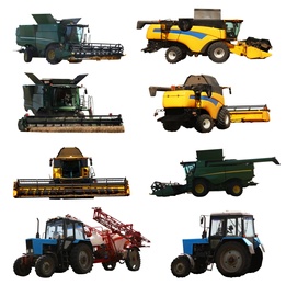 Image of Set of different agricultural machinery on white background 