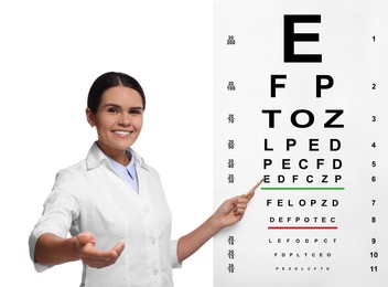 Image of Ophthalmologist pointing at vision test chart on white background