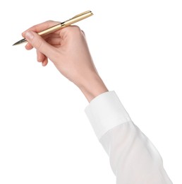 Photo of Woman holding pen on white background, closeup of hand