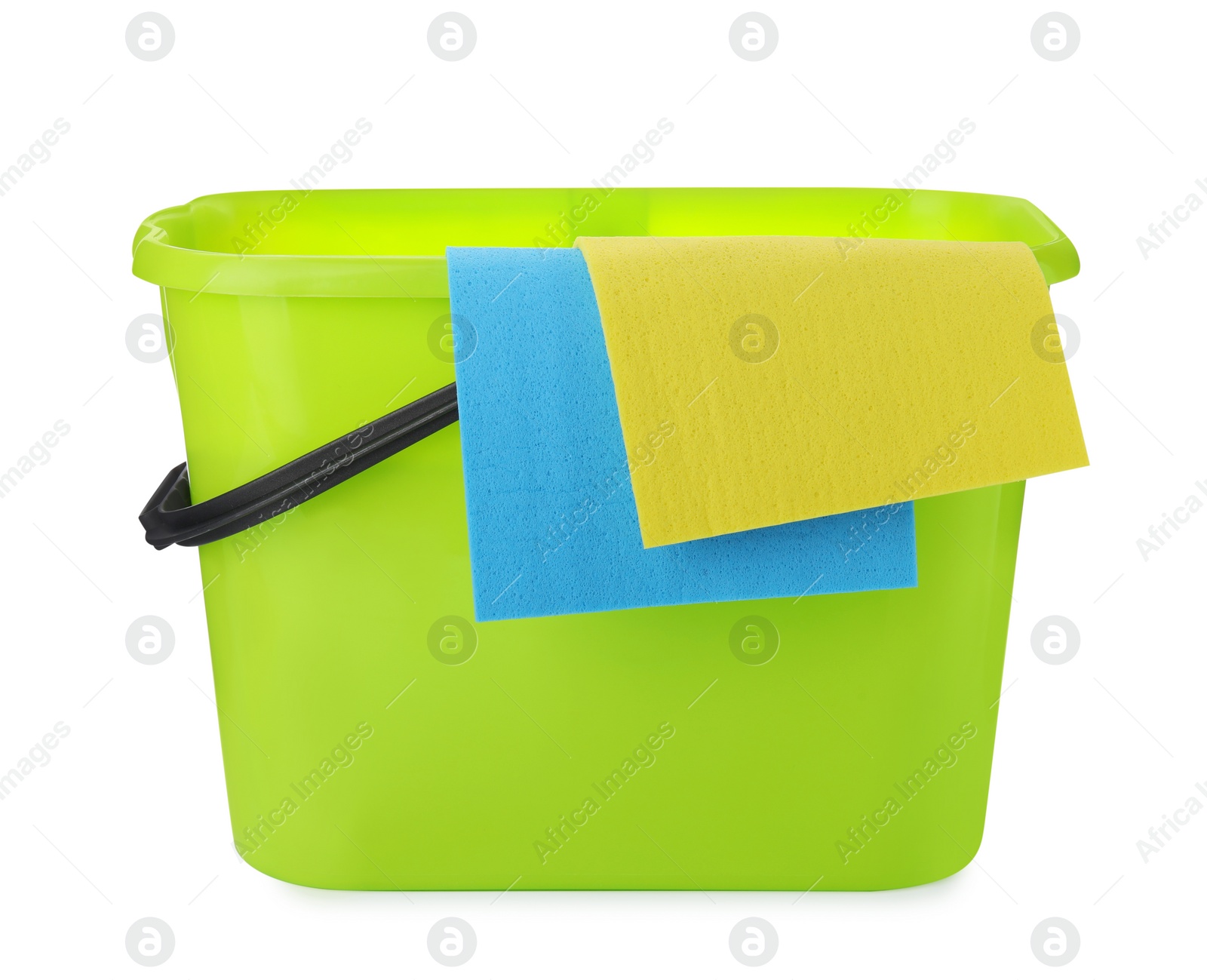 Photo of Green bucket with rags isolated on white