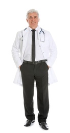 Photo of Full length portrait of male doctor with stethoscope isolated on white. Medical staff