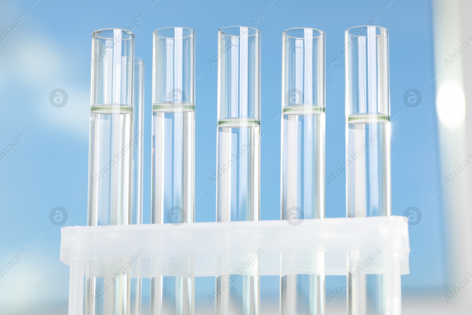 Photo of Liquid in test tubes on blurred background, closeup