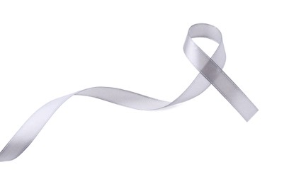 Photo of Gray awareness ribbon isolated on white, top view