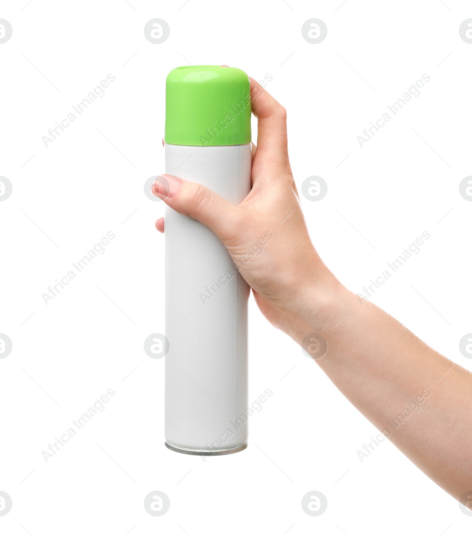 Photo of Woman holding spray air freshener on white background