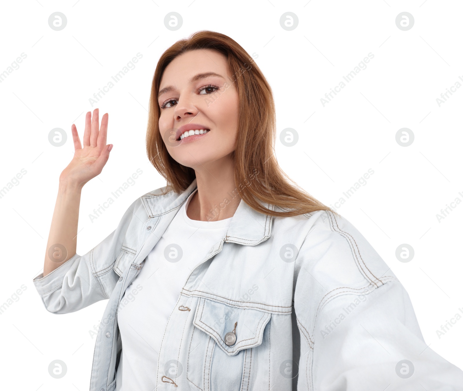 Photo of Beautiful woman taking selfie on white background