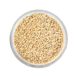 Jar with quinoa on white background, top view