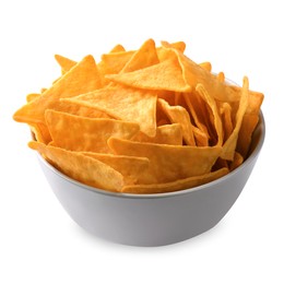 Tortilla chips (nachos) in bowl on white background
