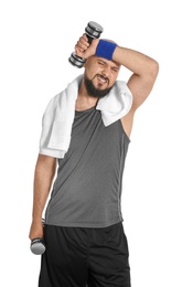 Tired overweight man doing exercise with dumbbells on white background