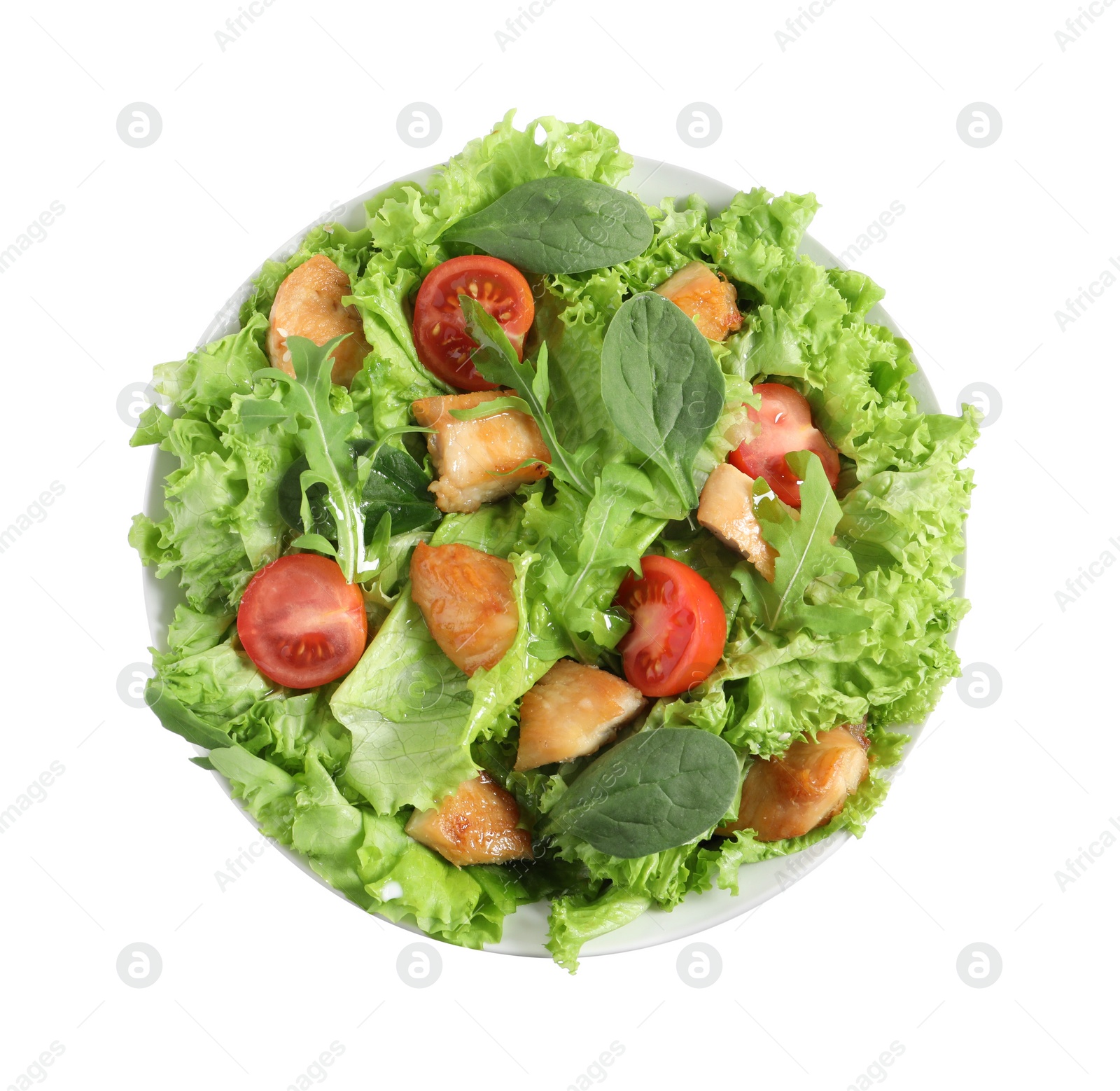 Photo of Delicious salad with chicken, cherry tomato and spinach isolated on white, top view
