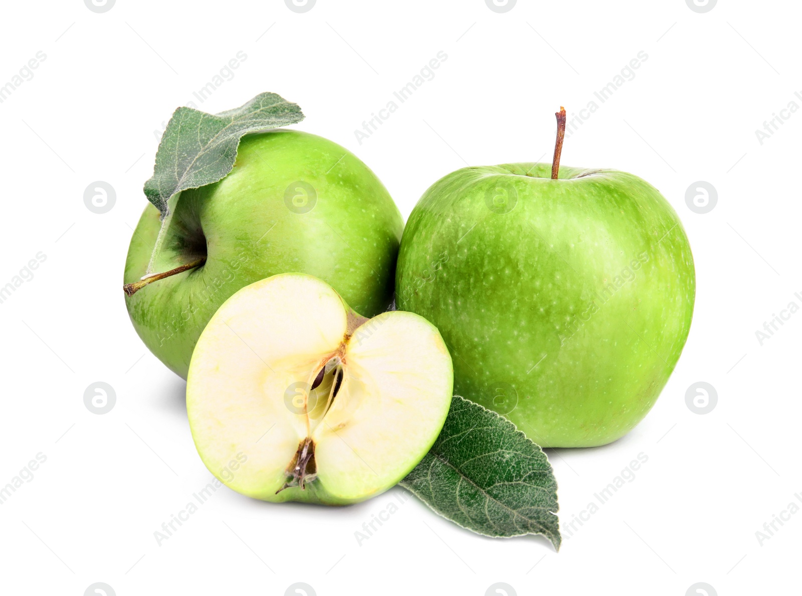 Photo of Fresh ripe green apples with leaves on white background