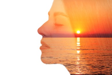 Image of Double exposure of beautiful woman and sea at sunset