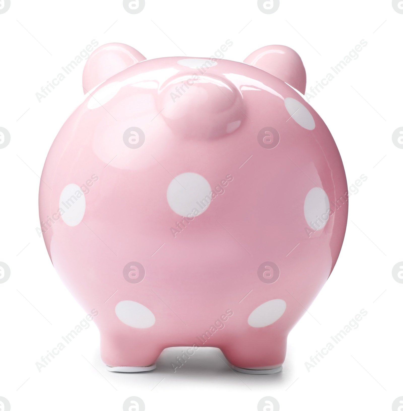 Photo of Pink piggy bank on white background. Money saving