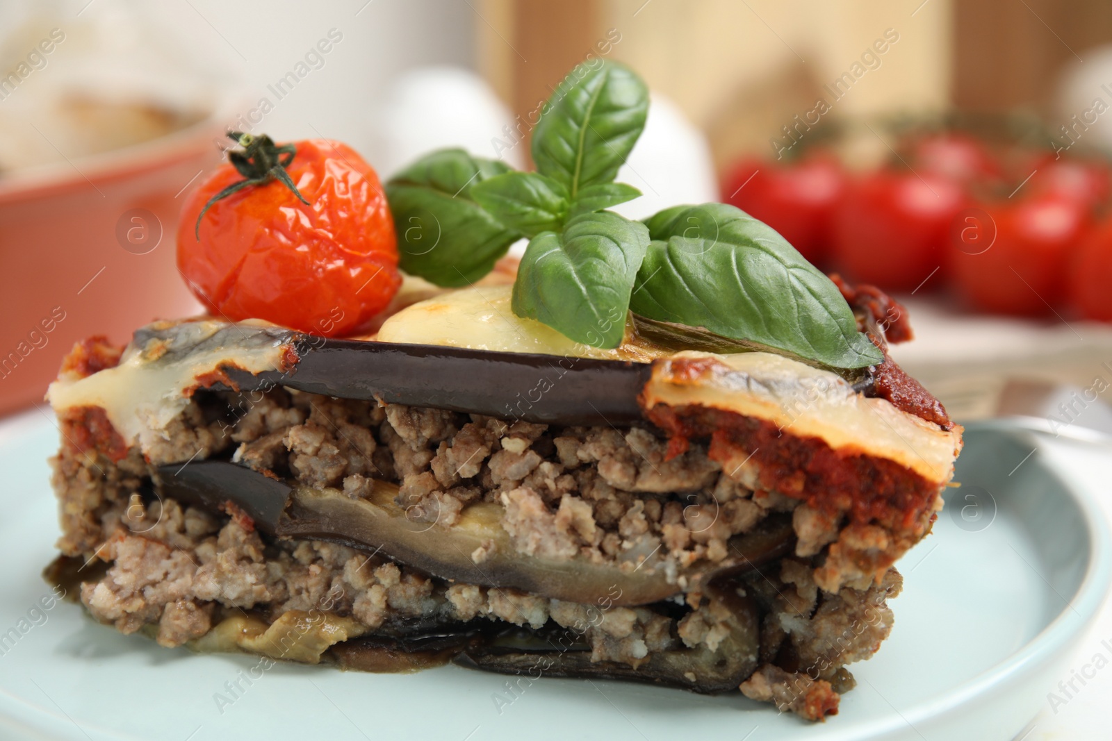 Photo of Light plate of delicious eggplant lasagna on table, closeup