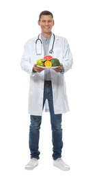Nutritionist with healthy products on white background