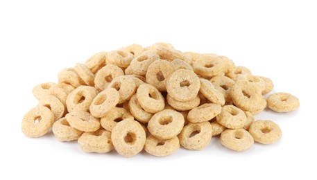 Photo of Sweet crispy corn rings on white background. Breakfast cereal