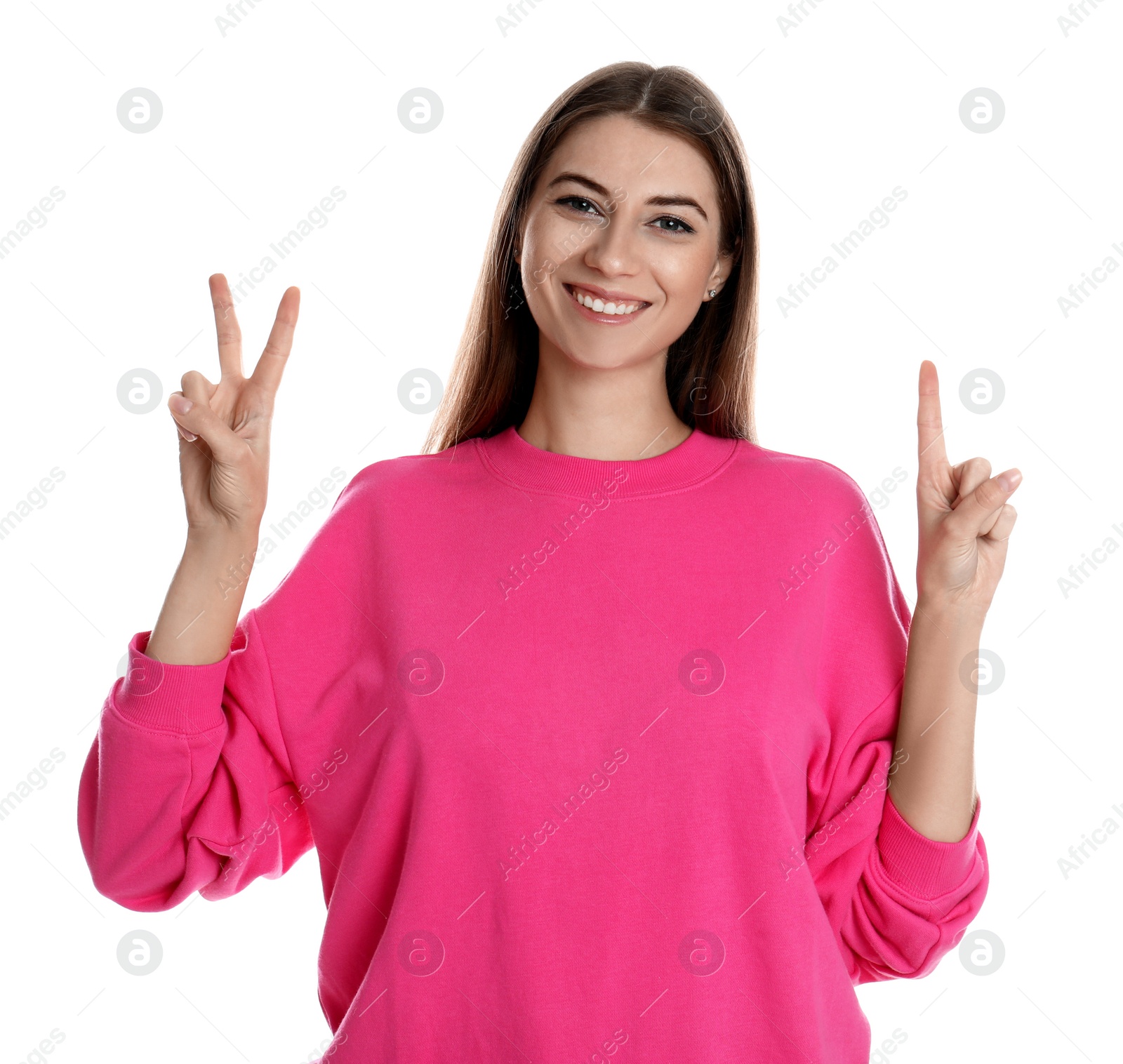 Photo of Woman showing number three with her hands on white background
