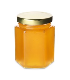 Tasty honey in glass jar isolated on white