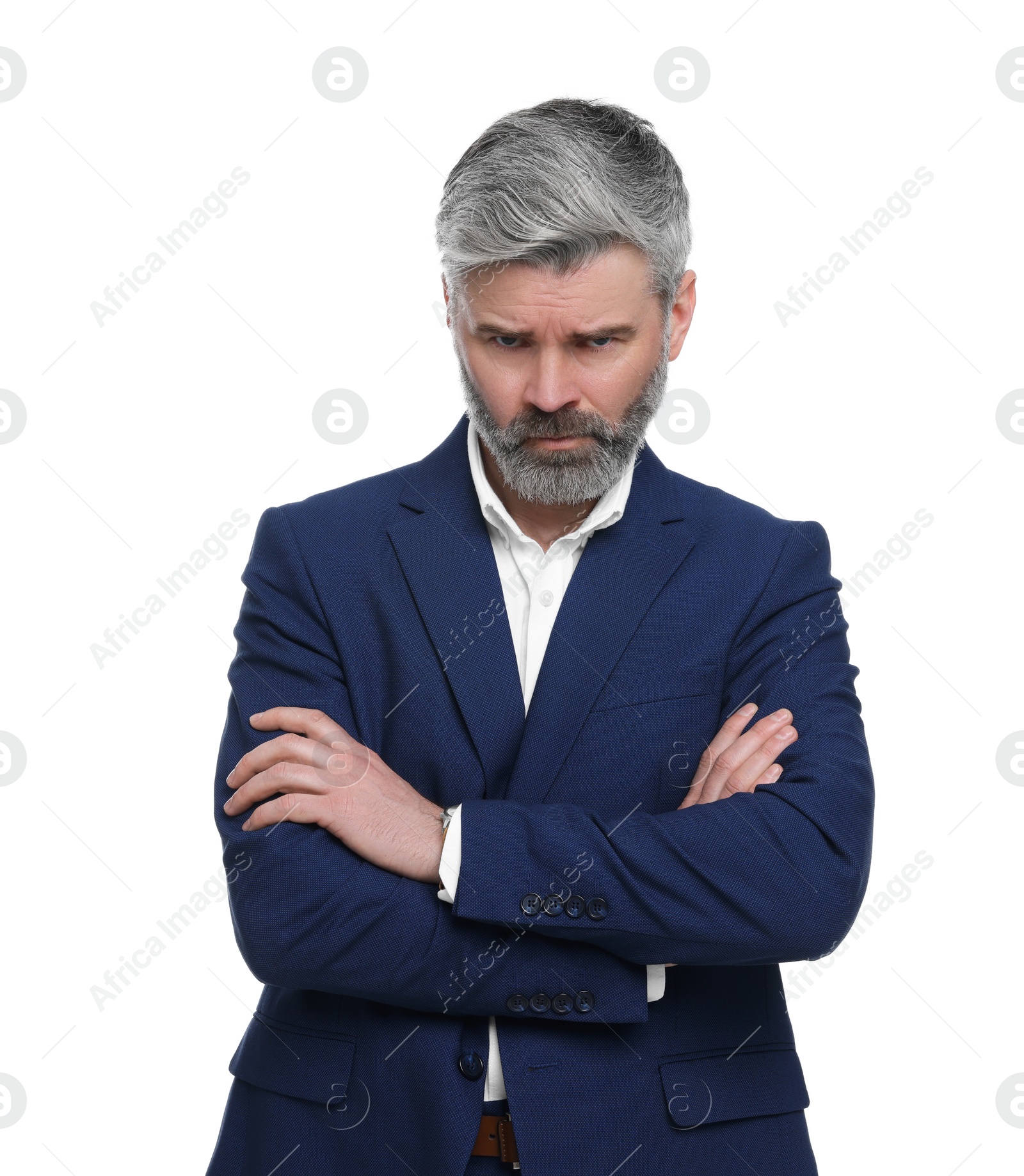 Photo of Mature businessman in stylish clothes posing on white background