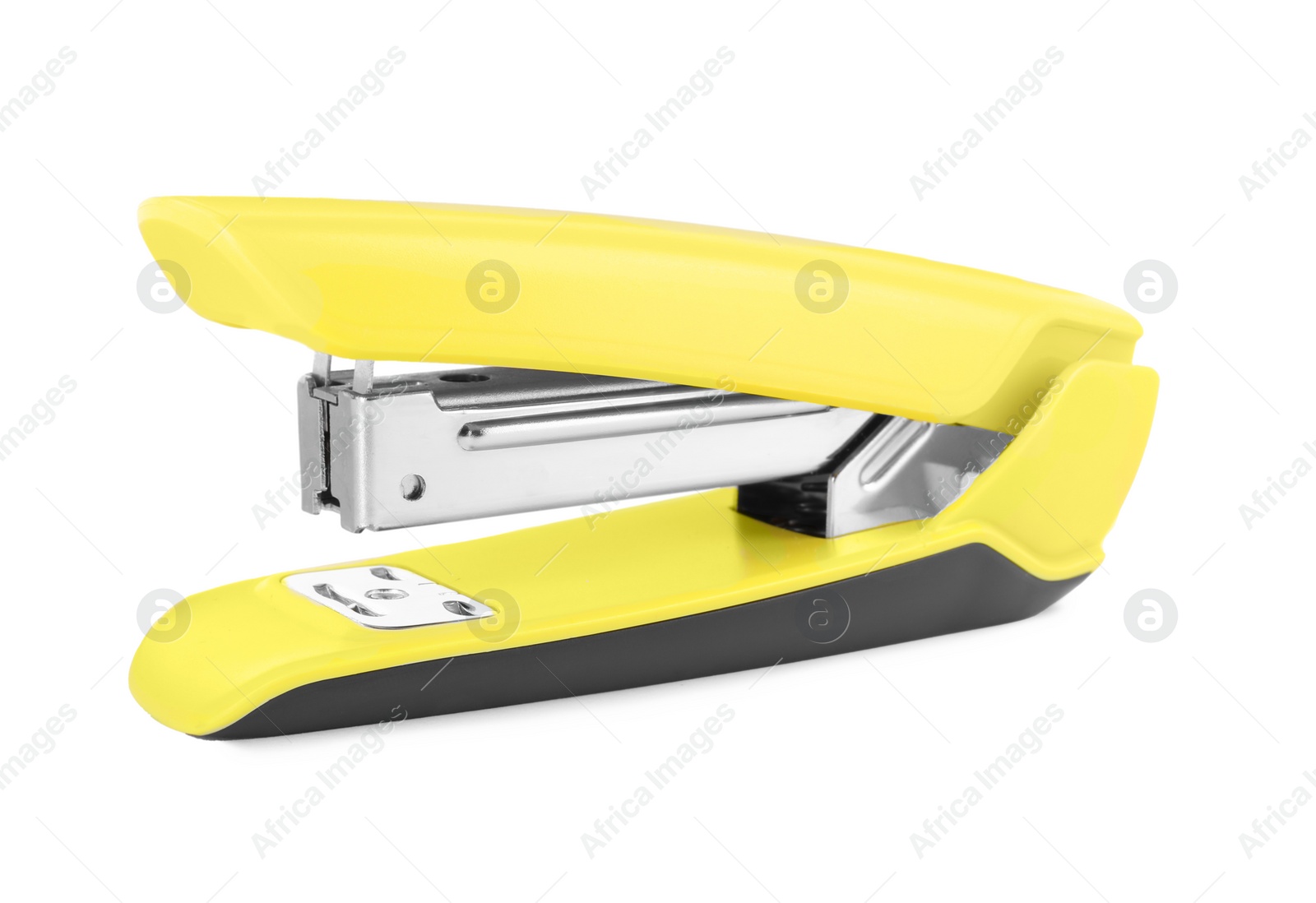 Photo of One new yellow stapler isolated on white