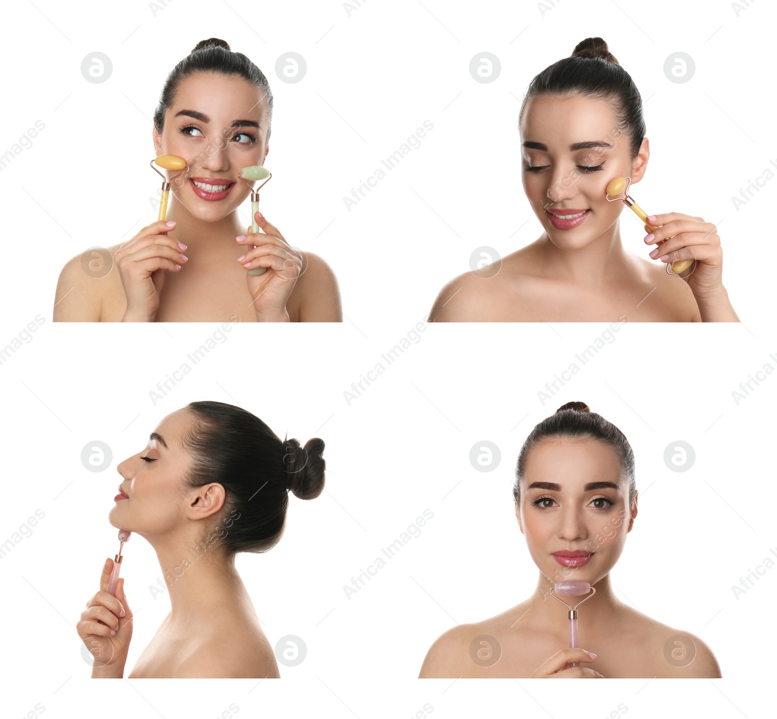 Image of Young woman using face roller on white background, collage