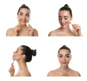 Young woman using face roller on white background, collage