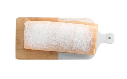 Photo of Delicious sponge cake roll isolated on white, top view