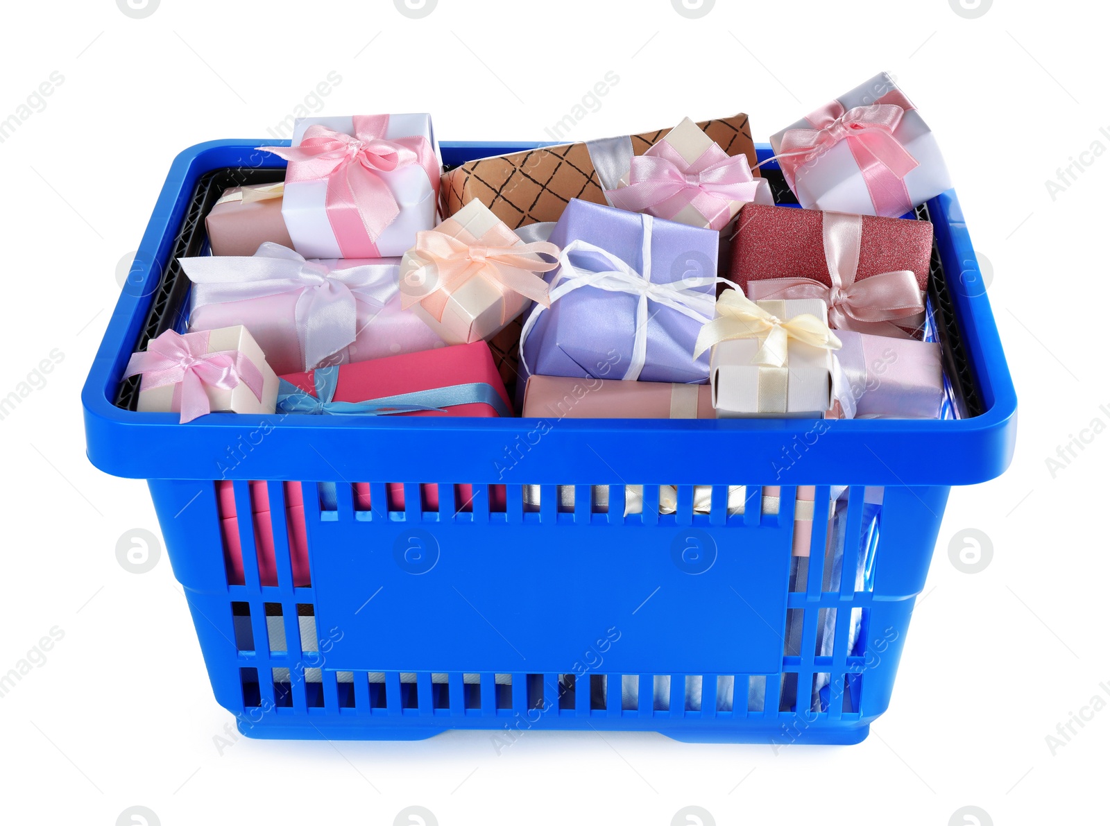 Photo of Blue shopping basket with different gifts on white background