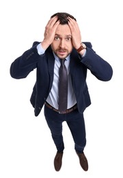 Handsome bearded businessman in suit on white background, above view