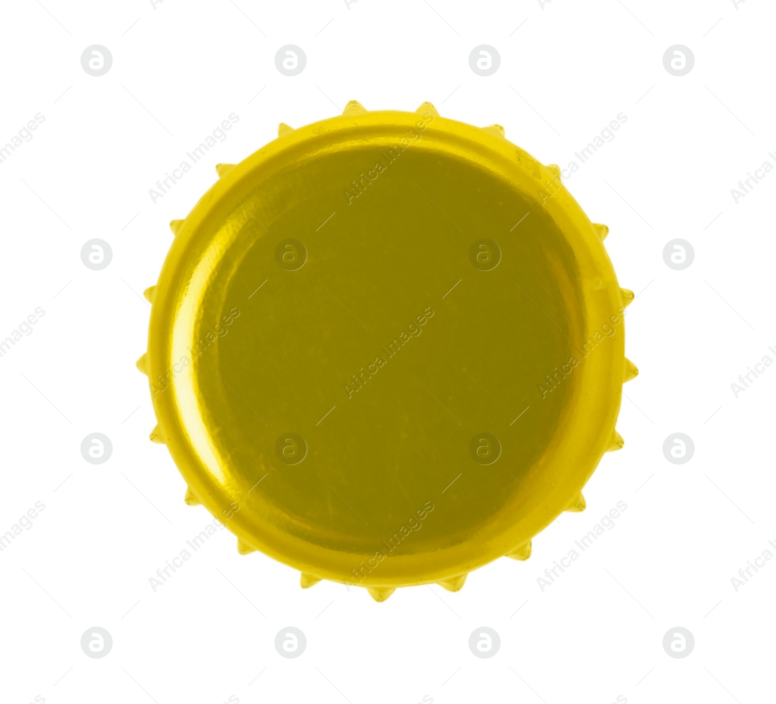 Photo of One golden beer bottle cap isolated on white, top view