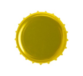 One golden beer bottle cap isolated on white, top view