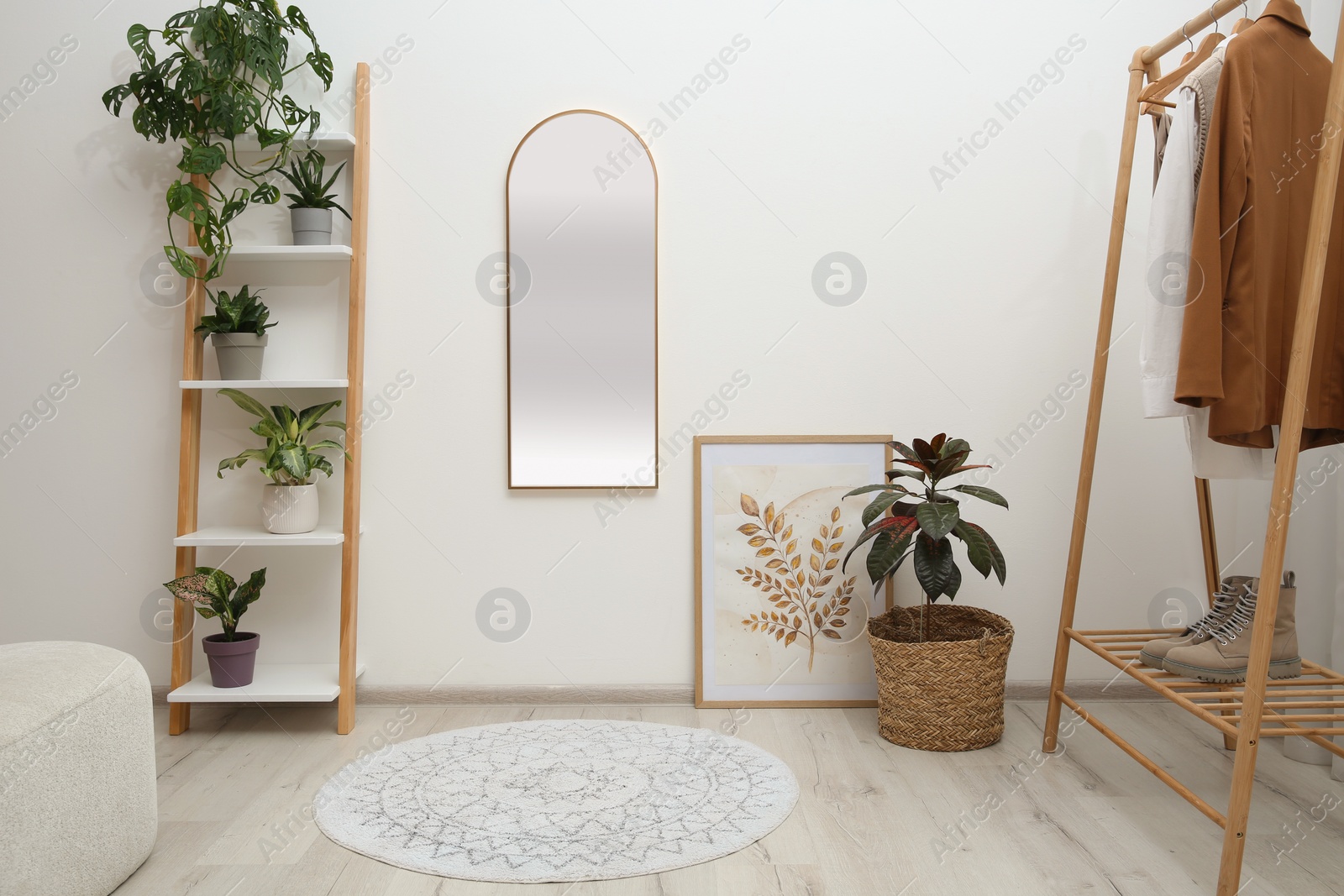 Photo of Dressing room interior with wooden furniture, mirror and houseplants near white wall. Stylish accessories