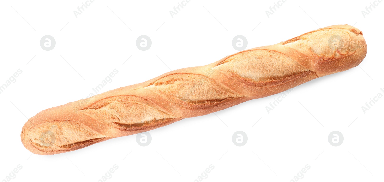 Photo of Tasty baguette isolated on white, top view. Fresh bread