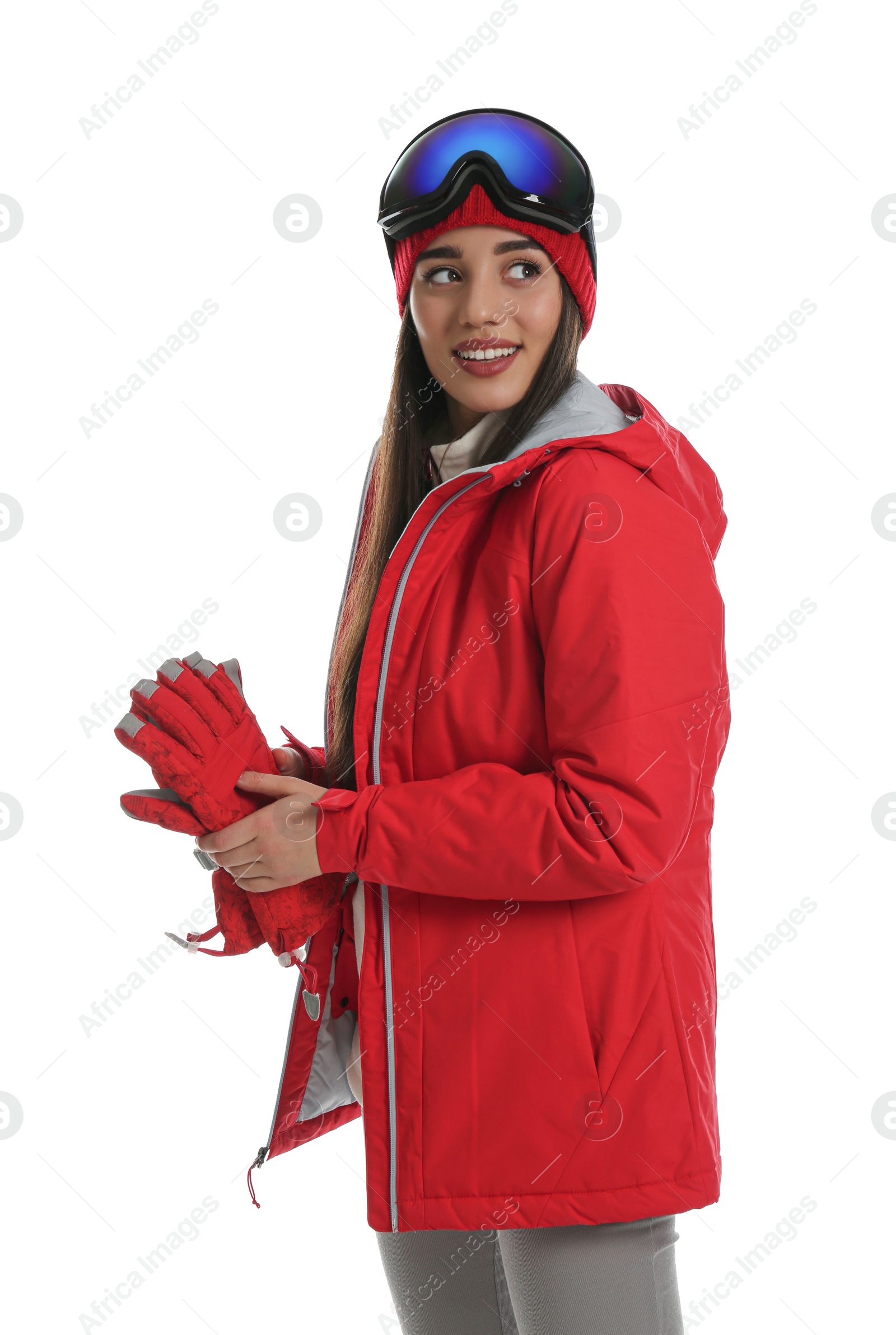 Photo of Woman wearing stylish winter sport clothes on white background