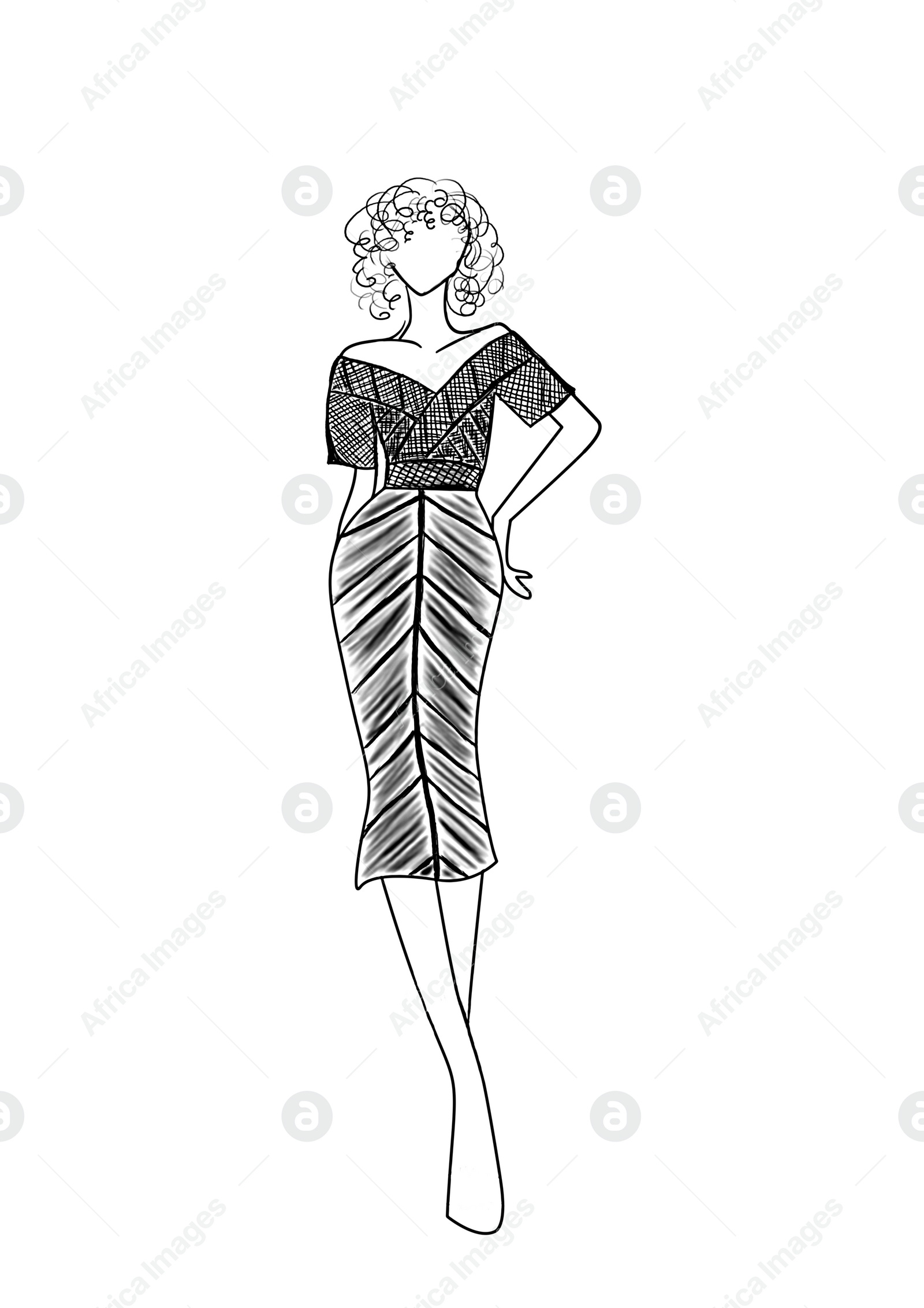 Image of Fashion sketch. Model wearing stylish dress on white background, illustration