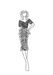 Image of Fashion sketch. Model wearing stylish dress on white background, illustration