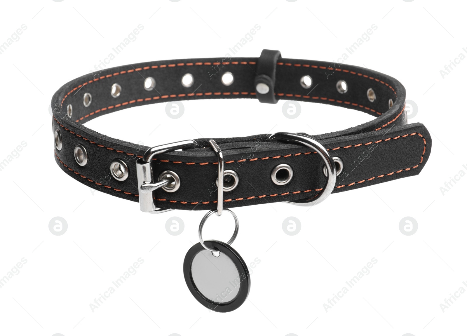 Photo of Black leather dog collar with tag isolated on white
