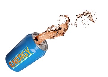 Image of Can of energy drink with splashes on white background