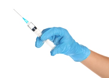 Doctor in medical glove holding syringe on white background