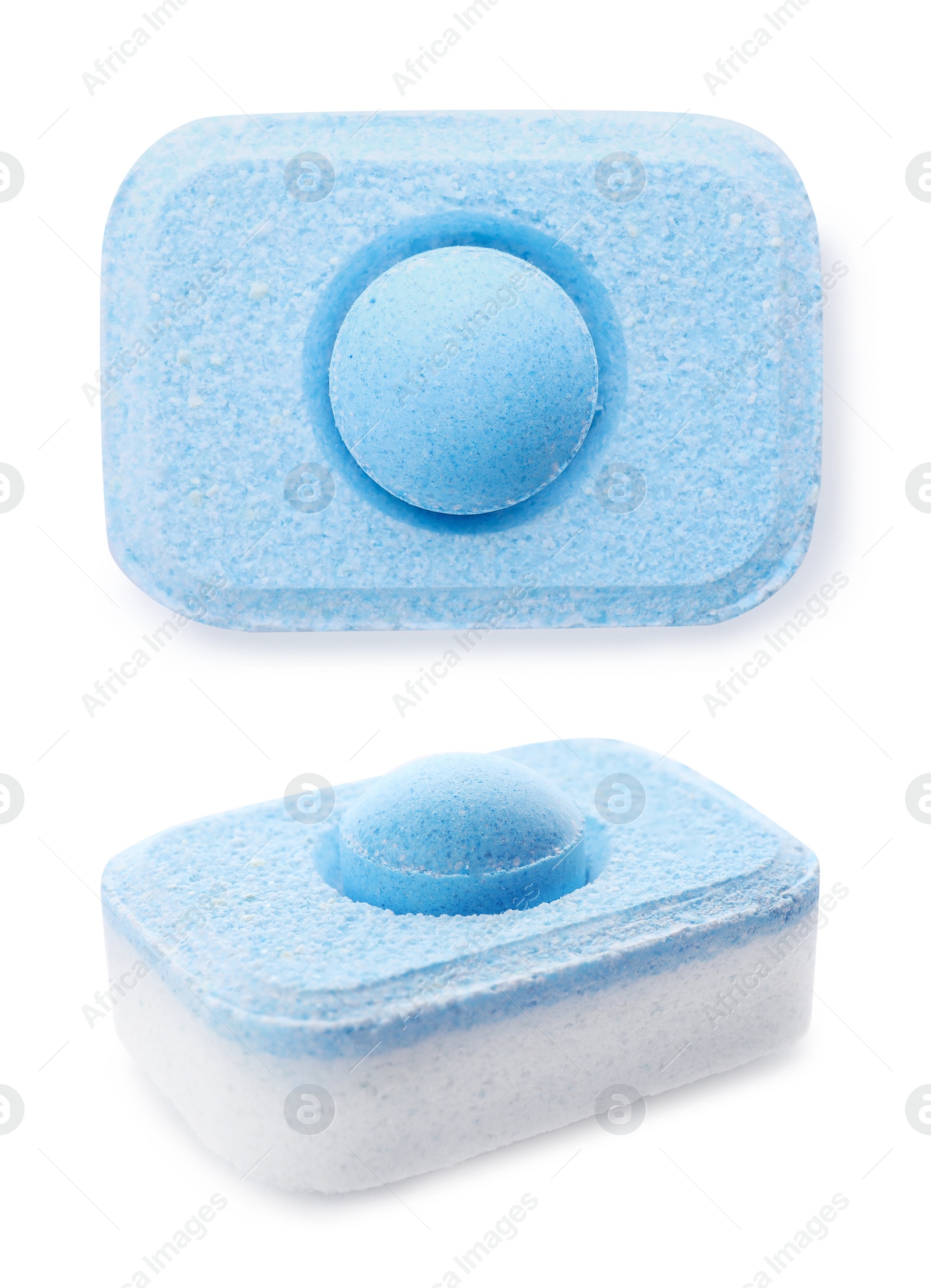 Image of Blue water softener tablets on white background