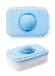 Image of Blue water softener tablets on white background