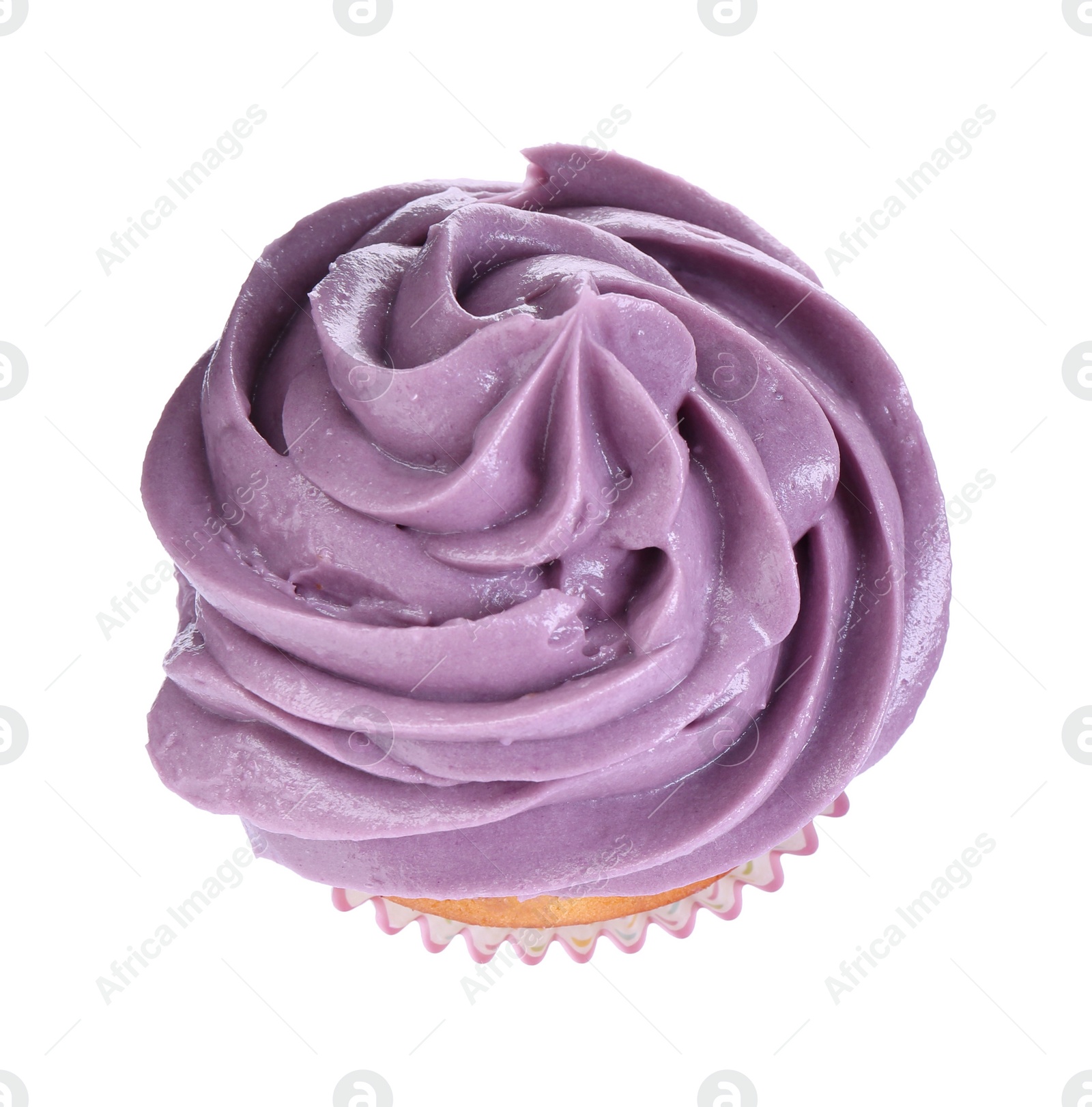 Photo of Delicious cupcake with purple cream isolated on white