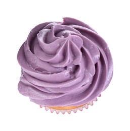 Photo of Delicious cupcake with purple cream isolated on white