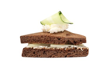 Photo of Tasty sandwich with cucumber and cream cheese on white background