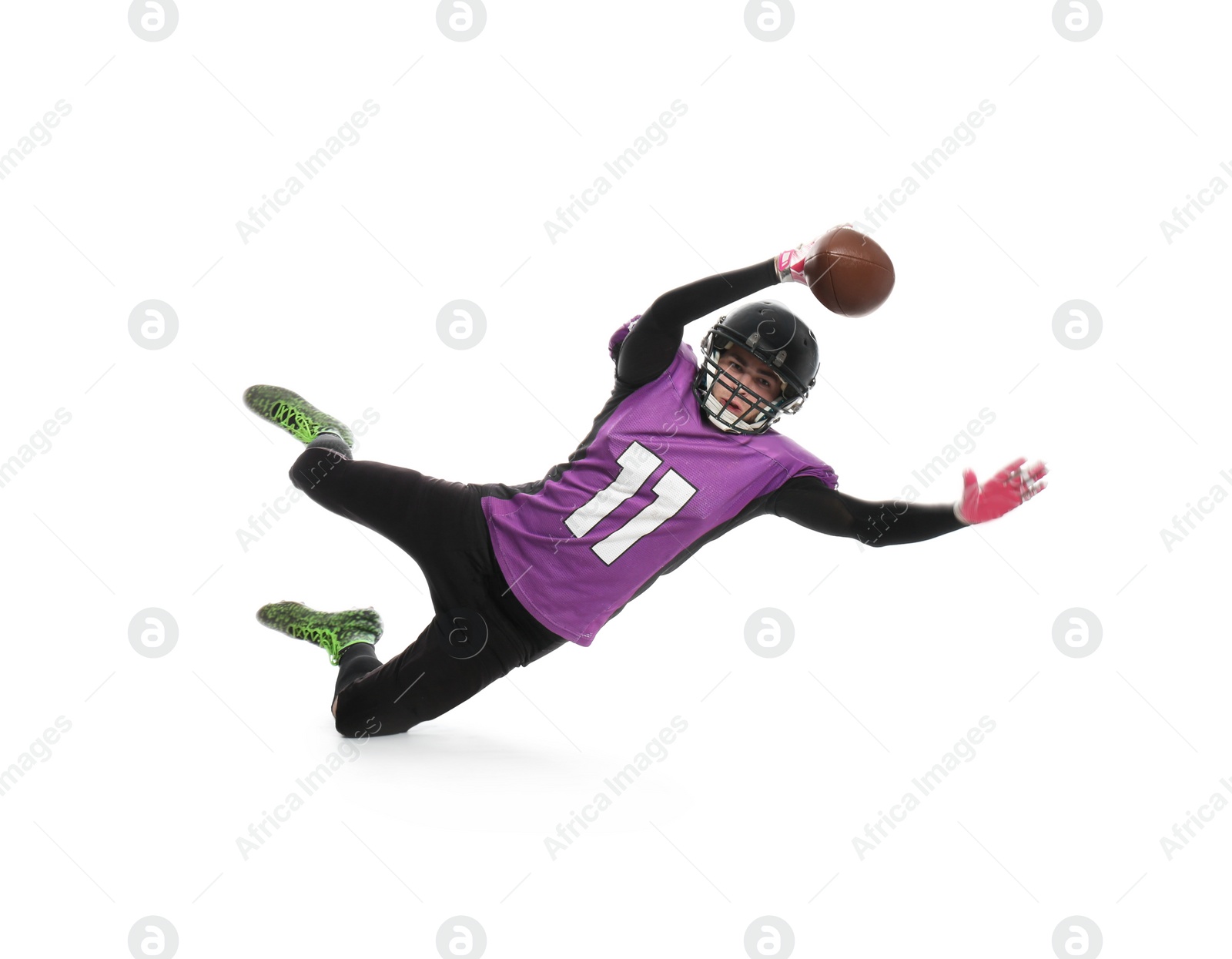 Photo of American football player catching ball on white background