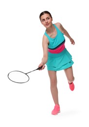 Photo of Young woman playing badminton with racket on white background