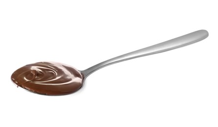 Photo of Spoon with delicious chocolate paste on white background